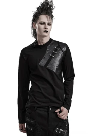 Black gothic metal rivet long sleeve sweatshirt front view on male model with punk styling