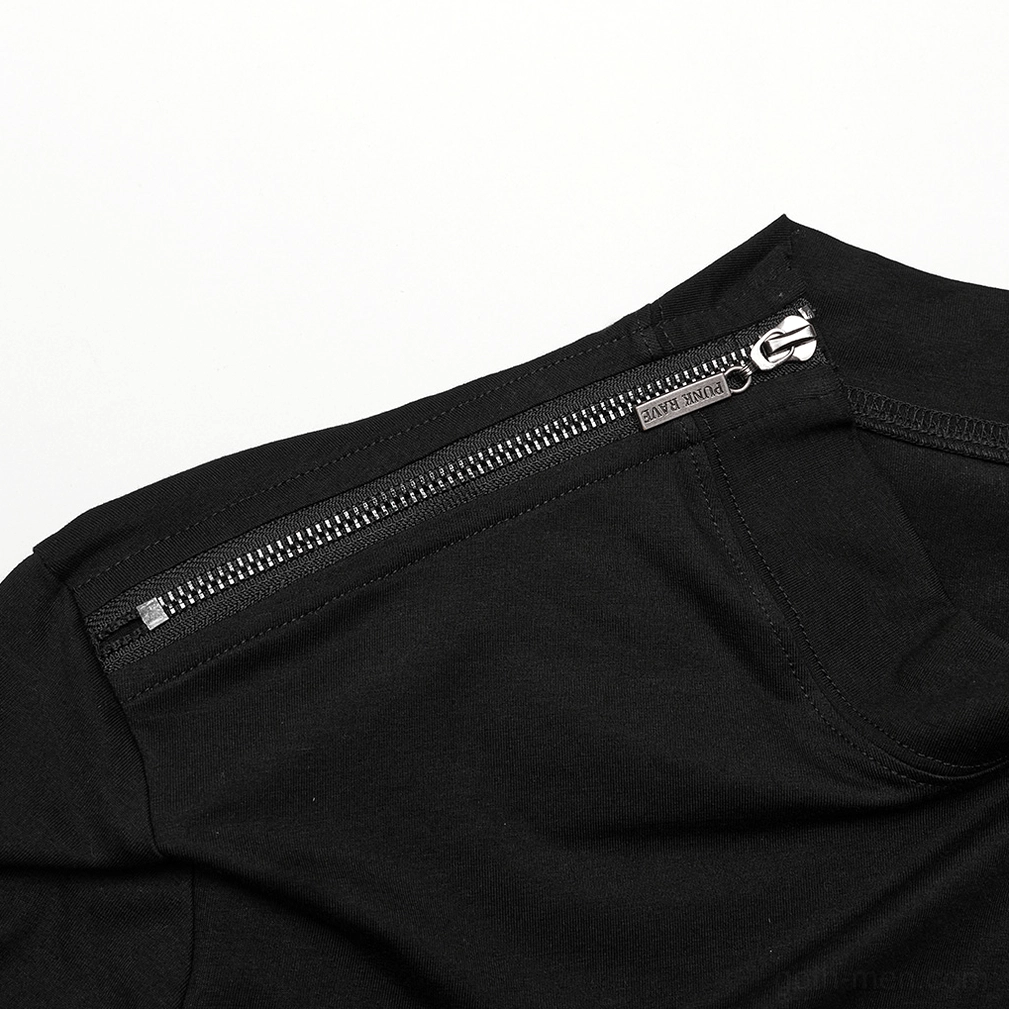 Close-up detail of premium metal zipper with branded pull tab on black gothic sweatshirt
