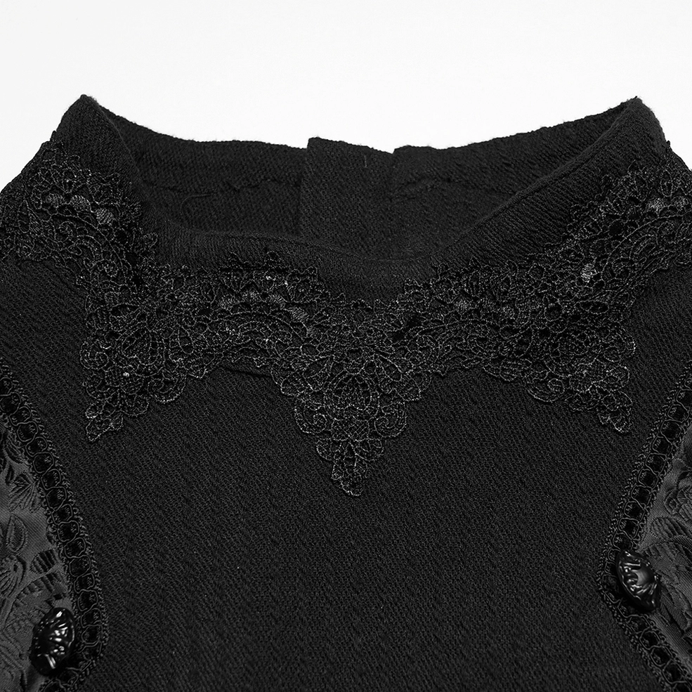 Gothic sweatshirt neckline detail showing embroidered lace overlay and soft fabric texture
