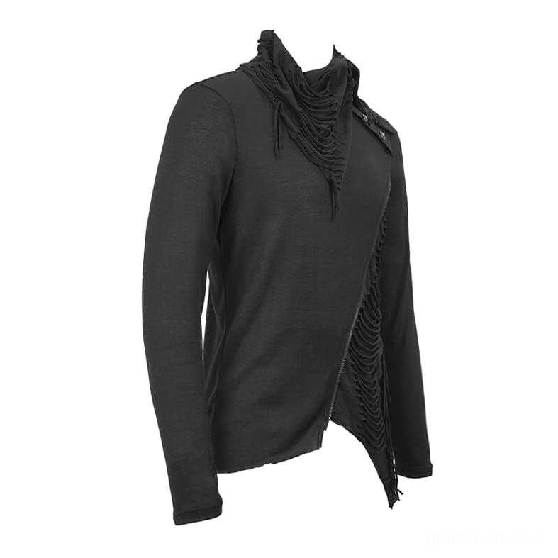 Black gothic sweatshirt rear three-quarter view displaying high draped collar and side zipper placement