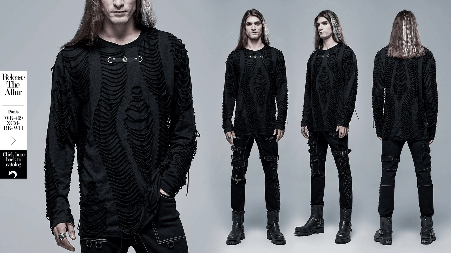 Close-up of black distressed gothic sweatshirt showing quality of ripped fabric and mesh construction
