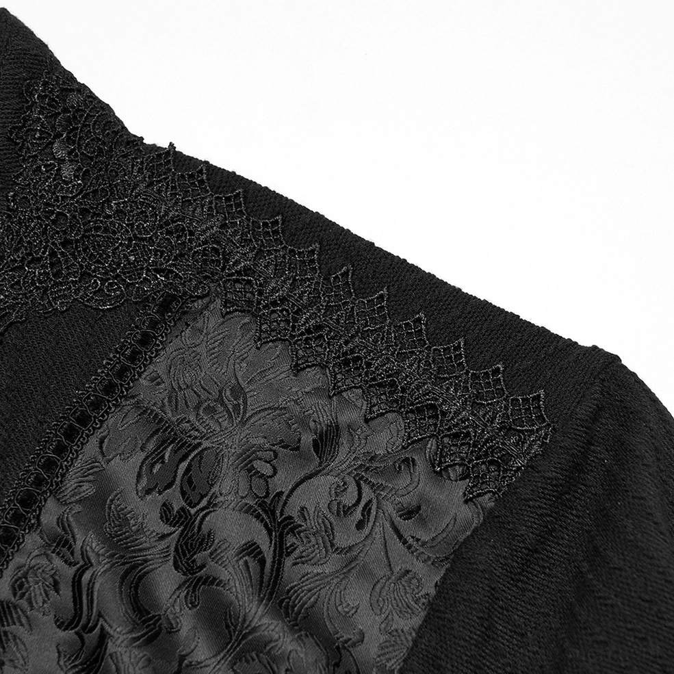 Shoulder panel detail of black gothic sweatshirt featuring damask patterned lace overlay