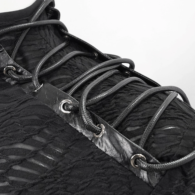 Shoulder lacing detail of gothic sweatshirt showing metal eyelets, braided leather laces, and textured knit fabric