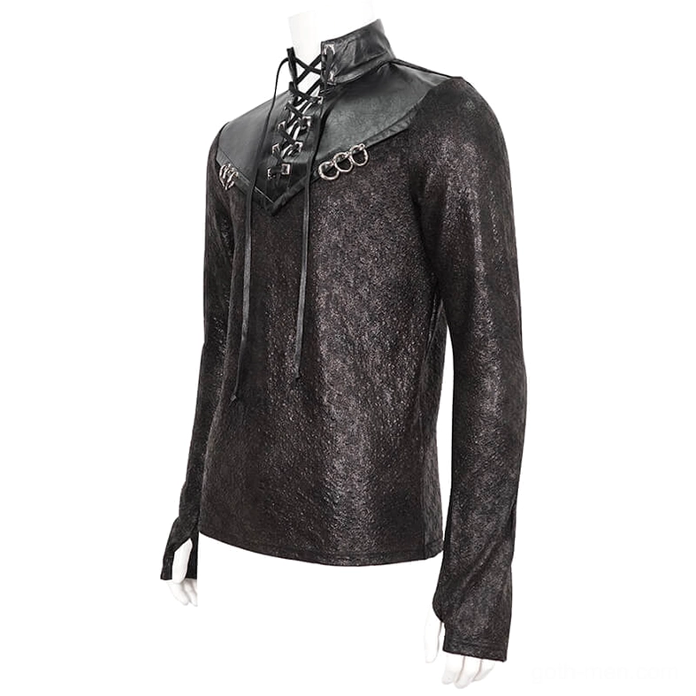 Side view of black gothic sweatshirt with synthetic leather yoke and textured coated fabric