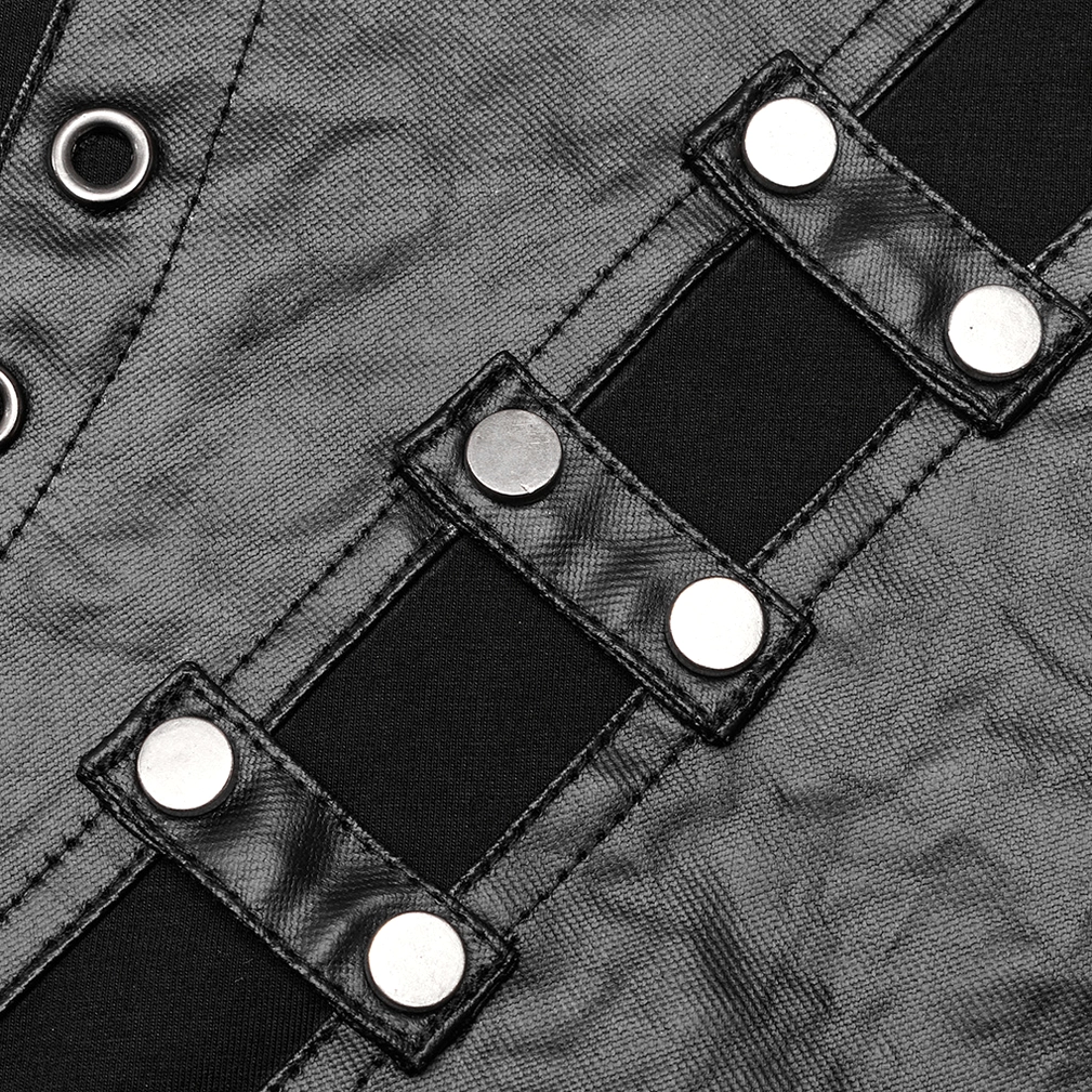 Metal snap button detail on faux leather strap of gothic sweatshirt showing hardware craftsmanship