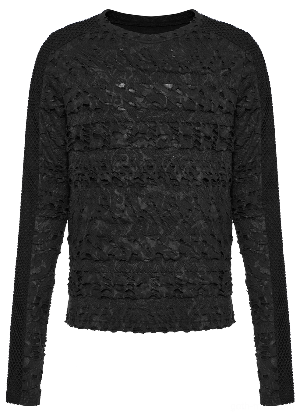 Distressed fabric gothic sweatshirt style top flat lay front view with crew neck and mesh sleeve detail
