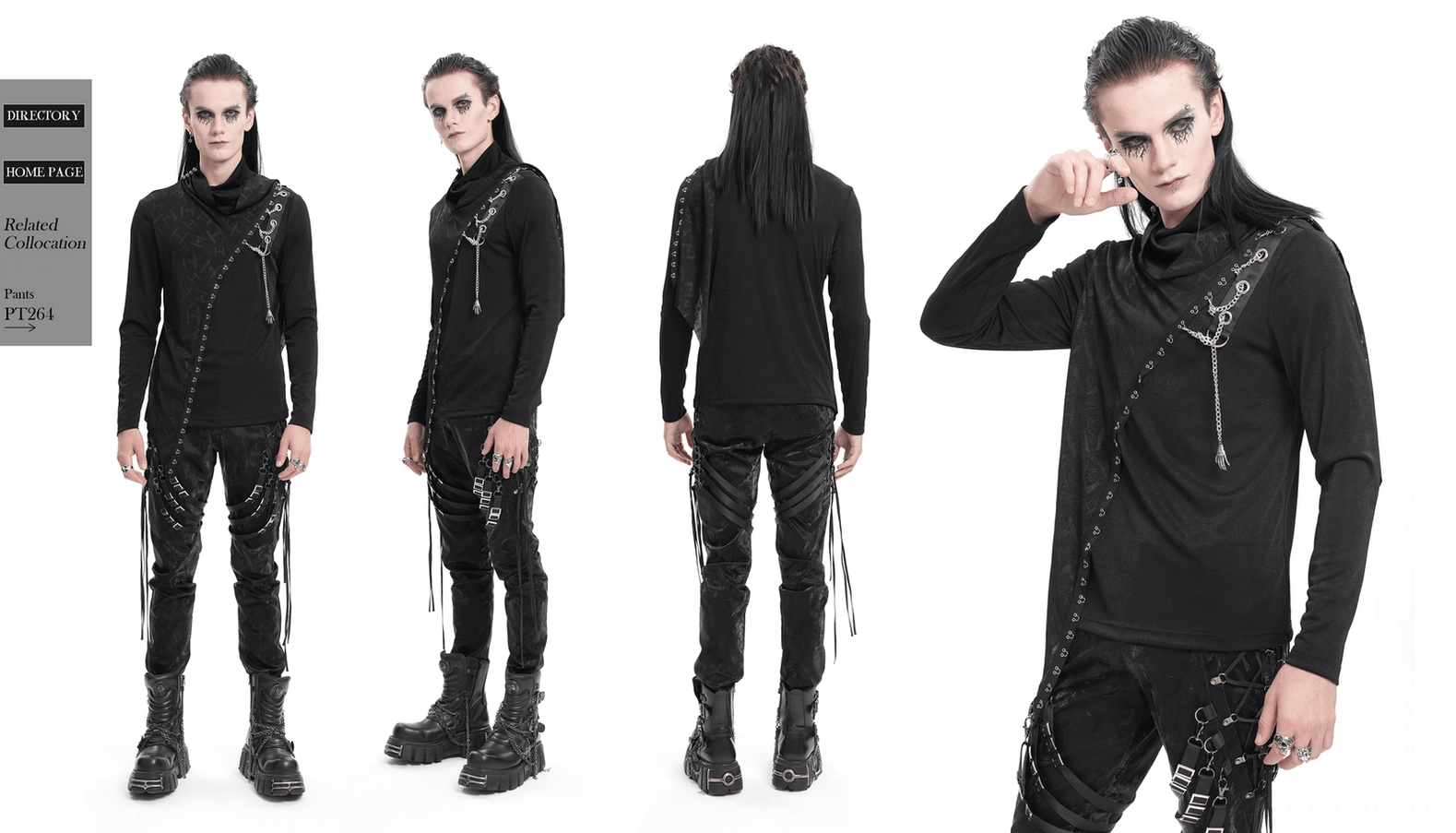 Three-quarter detailed view of asymmetrical gothic long-sleeve sweatshirt showcasing all key design elements: turtleneck, chain accents, lace panel, and fitted cut