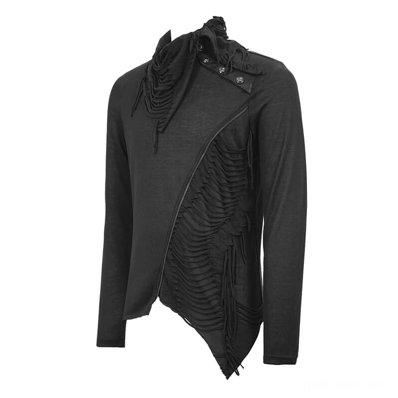 Black gothic sweatshirt front three-quarter angle showing asymmetric hem and tassel collar details