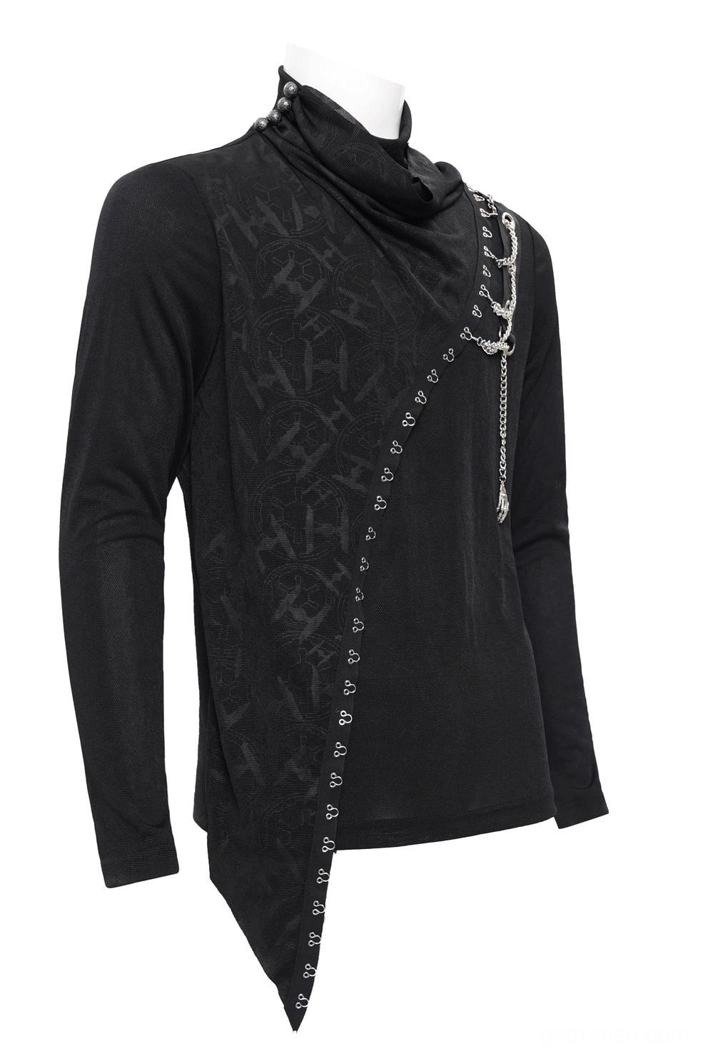 Front mannequin display of black gothic sweatshirt with embossed tonal fabric pattern, asymmetrical hemline, and metallic chain trim embellishments