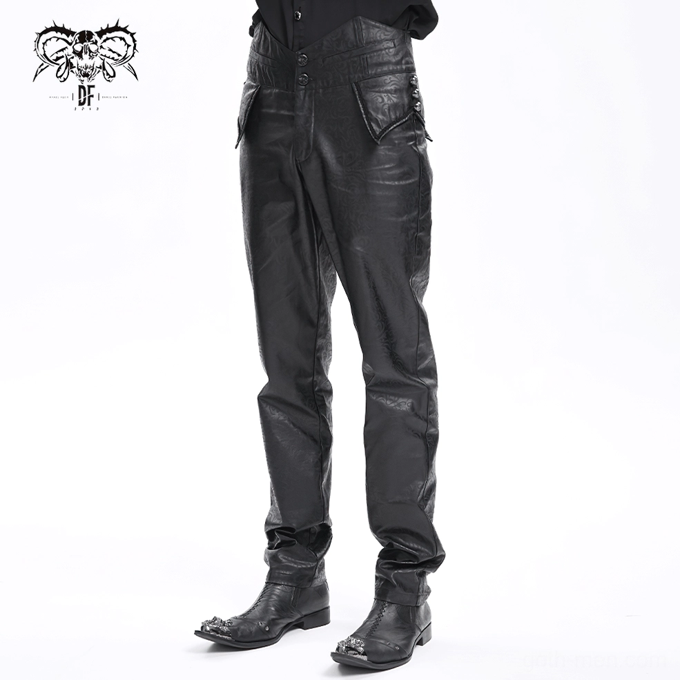 Front three-quarter view of embossed black synthetic leather gothic pants, emphasizing slim fit and sculptural silhouette