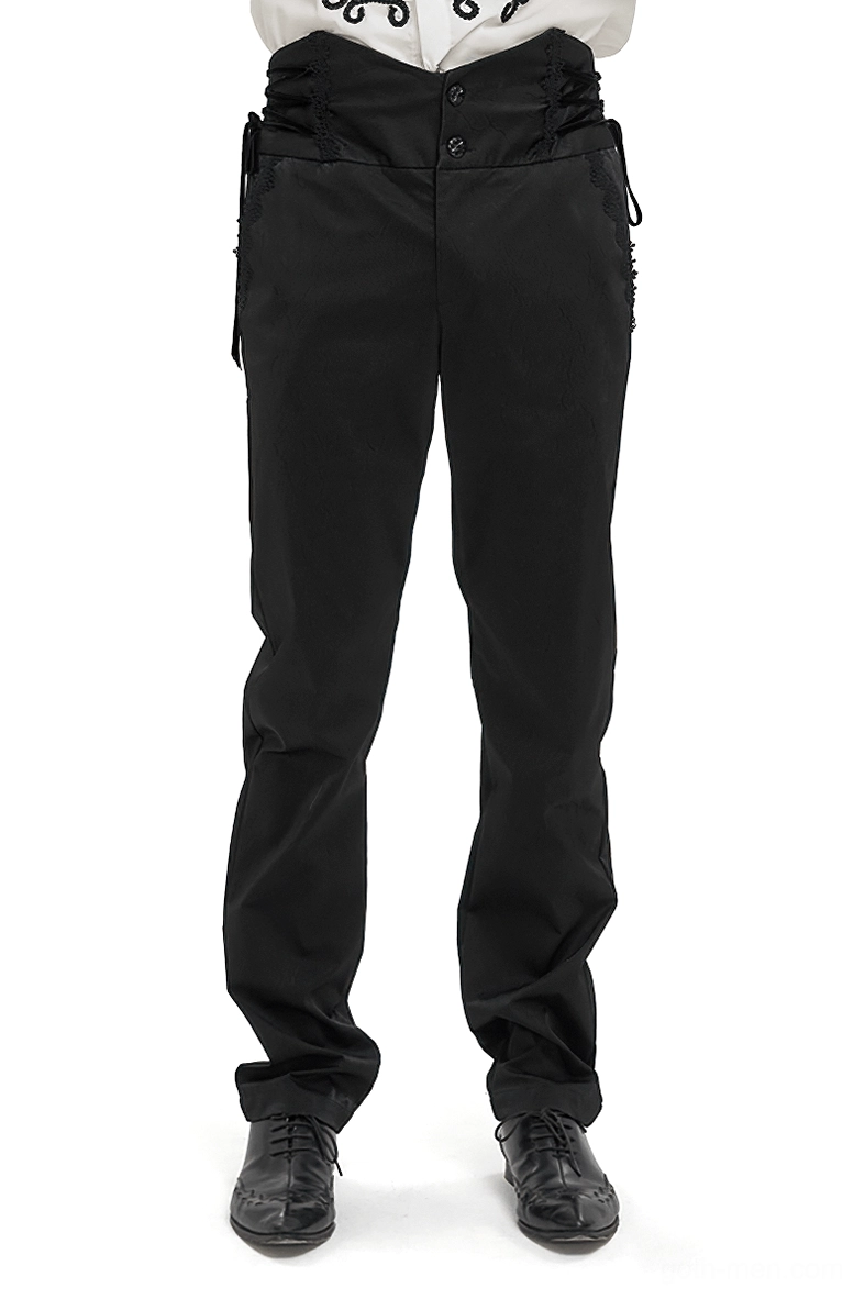 Gothic black leather trousers waistband showing dual lace-up system and carved button hardware