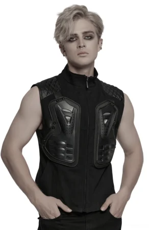 Black gothic tactical armor vest with 3D rubber panels front view worn by male model