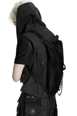 Cyberpunk tactical backpack with metal chain details and skull emblems, rear side angle showing adjustable harness straps