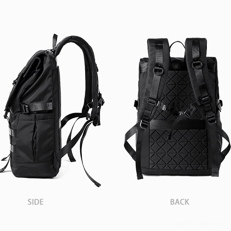 Tactical backpack side and back product views with diamond-stitched padded back panel and adjustable shoulder straps