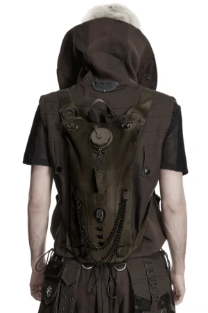 Gothic tactical hydration backpack with skull chains and studs worn on male model rear view