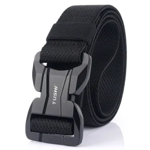 Black tactical nylon belt with matte zinc alloy quick-release buckle, gothic military aesthetic front view