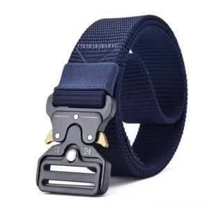 Navy blue tactical nylon belt featuring heavy-duty metal release mechanism - dark aesthetic