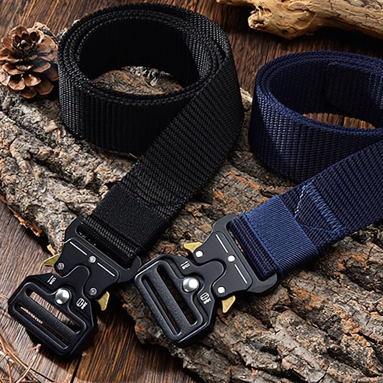 Black and navy blue tactical nylon belts showcasing metal buckle quality and durability