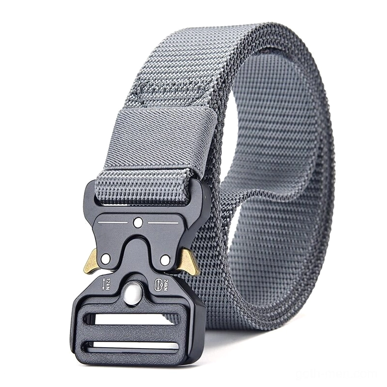 Storm gray tactical nylon belt with matte metal hardware - post-industrial gothic style