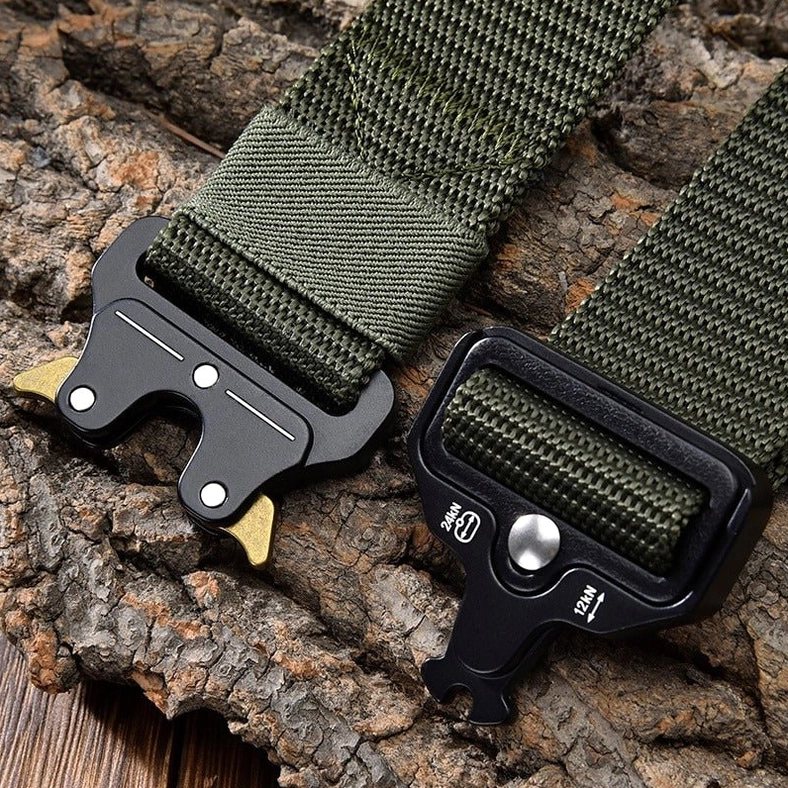 Tactical nylon belt woven construction with durable zinc alloy hardware - close-up texture