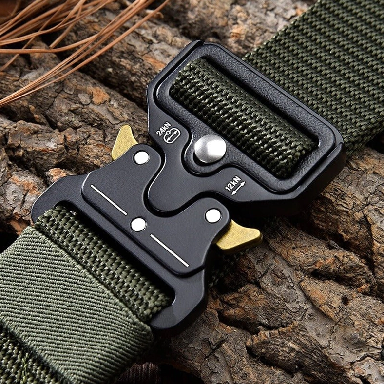 Metal quick-release buckle mechanism on tactical nylon belt - functional gothic design