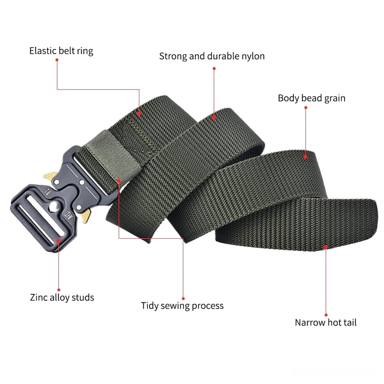Tactical belt specification diagram showing dimensions and construction details