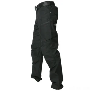 Black gothic tactical cargo pants rear view showing multi-pocket design, reinforced stitching, and tactical belt loops - dark aesthetic workwear