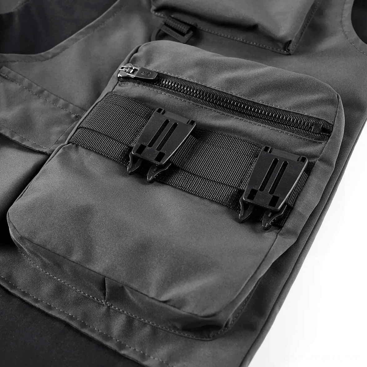 Black cyberpunk tactical shorts fabric texture and multi-pocket utility configuration