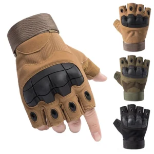 Tactical half-finger combat gloves with carbon fiber knuckle guards, close-up front view of tan brown khaki colorway showing detailed knuckle armor protection