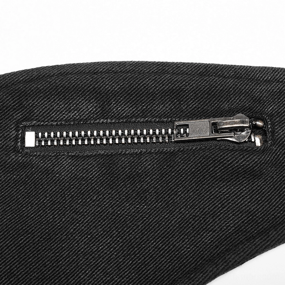 Gothic tactical harness worn styling example, industrial metal hardware and adjustable fit details
