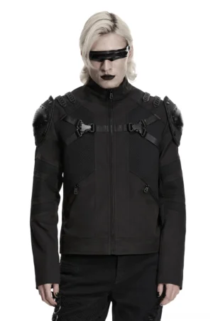 Black Gothic Tactical Jacket with Detachable Armored Pauldrons - Front View on Model