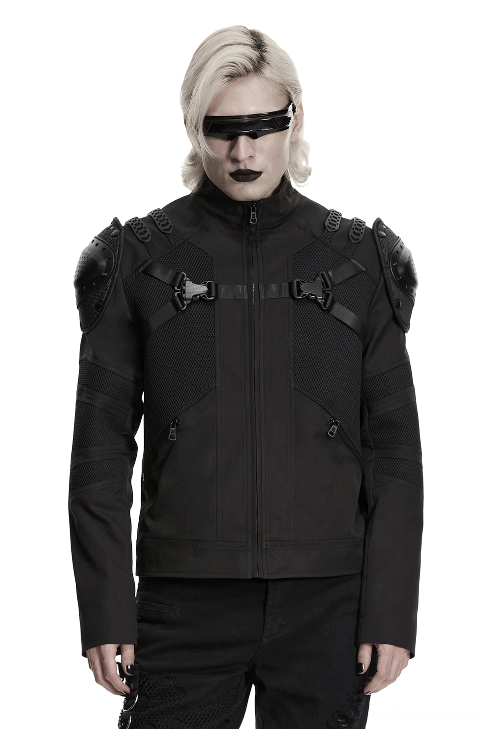 Black Gothic Tactical Jacket with Detachable Armored Pauldrons - Front View on Model