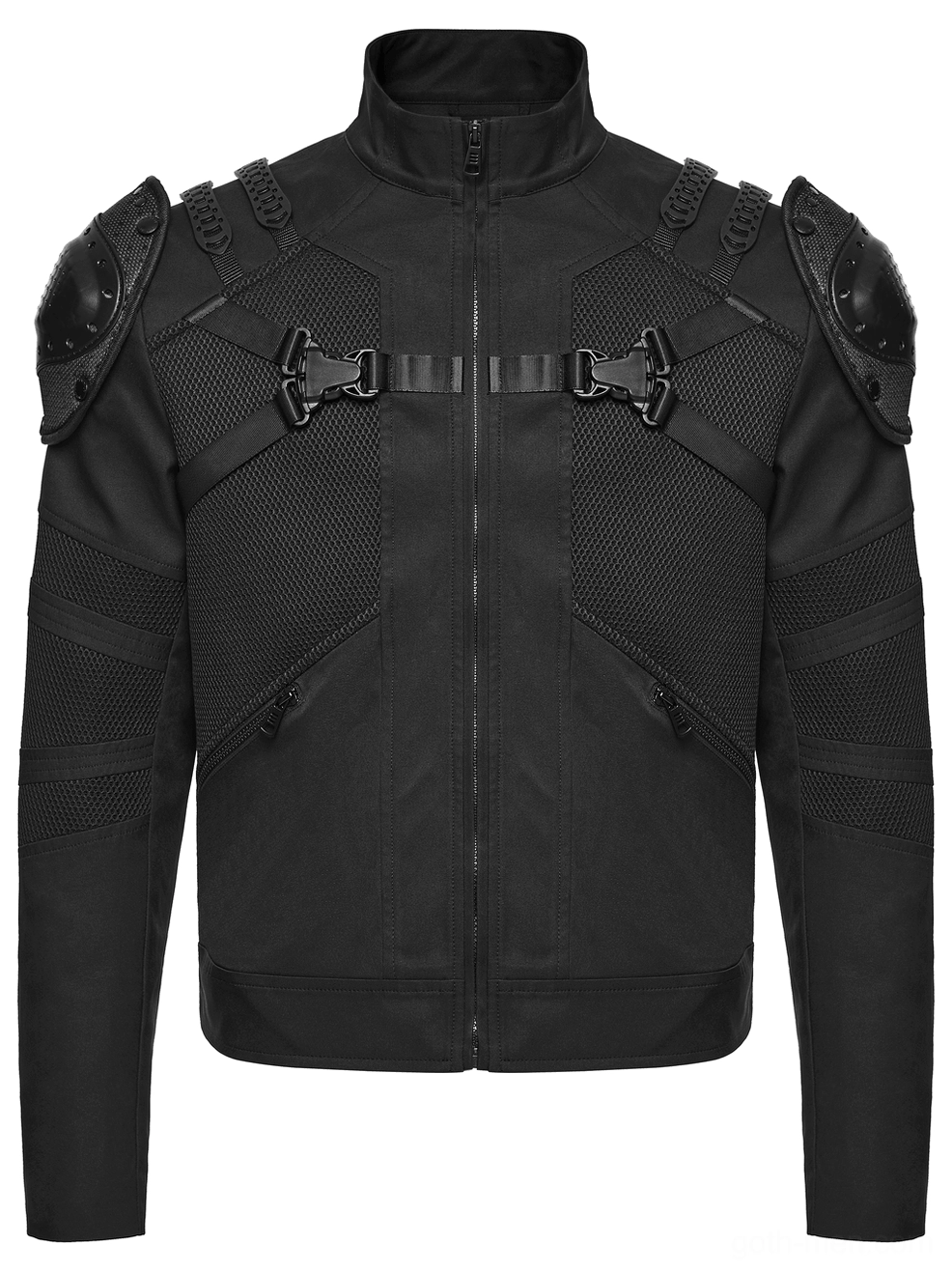 Black Gothic Tactical Jacket - Flat Front View Showing Mesh Panels and Armor Details
