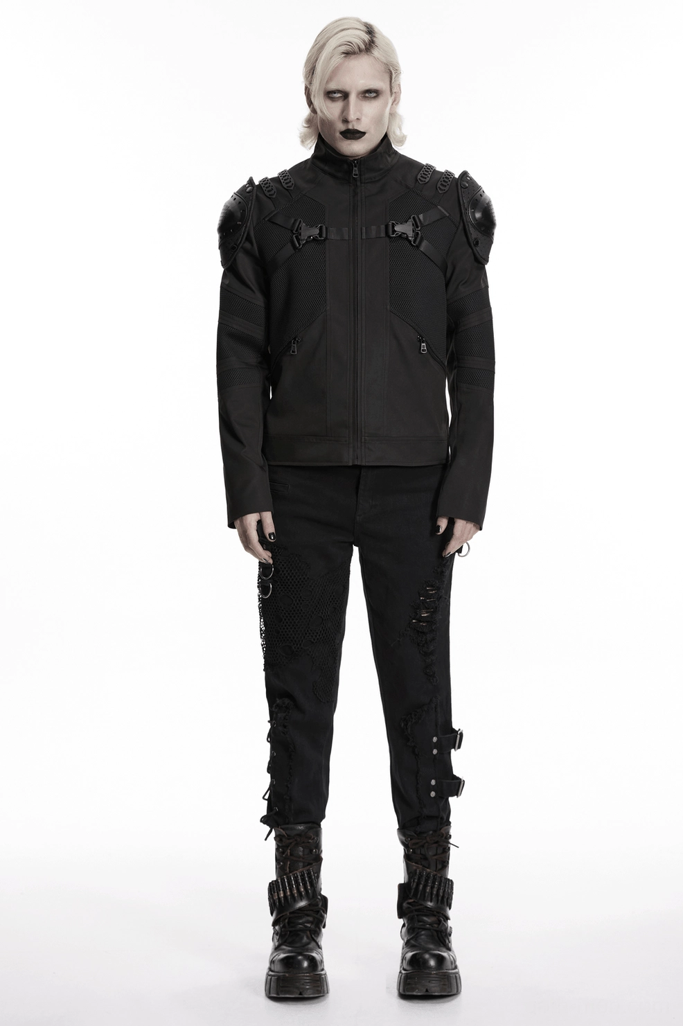 Black Gothic Tactical Jacket with Pauldrons - Alternative Front Model Wearing