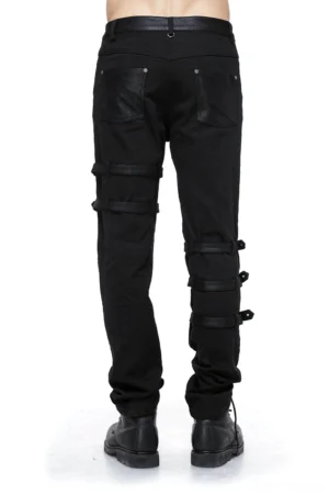 Black gothic lace-up jeans rear view showcasing leather-trimmed back pockets and leg buckle strap details