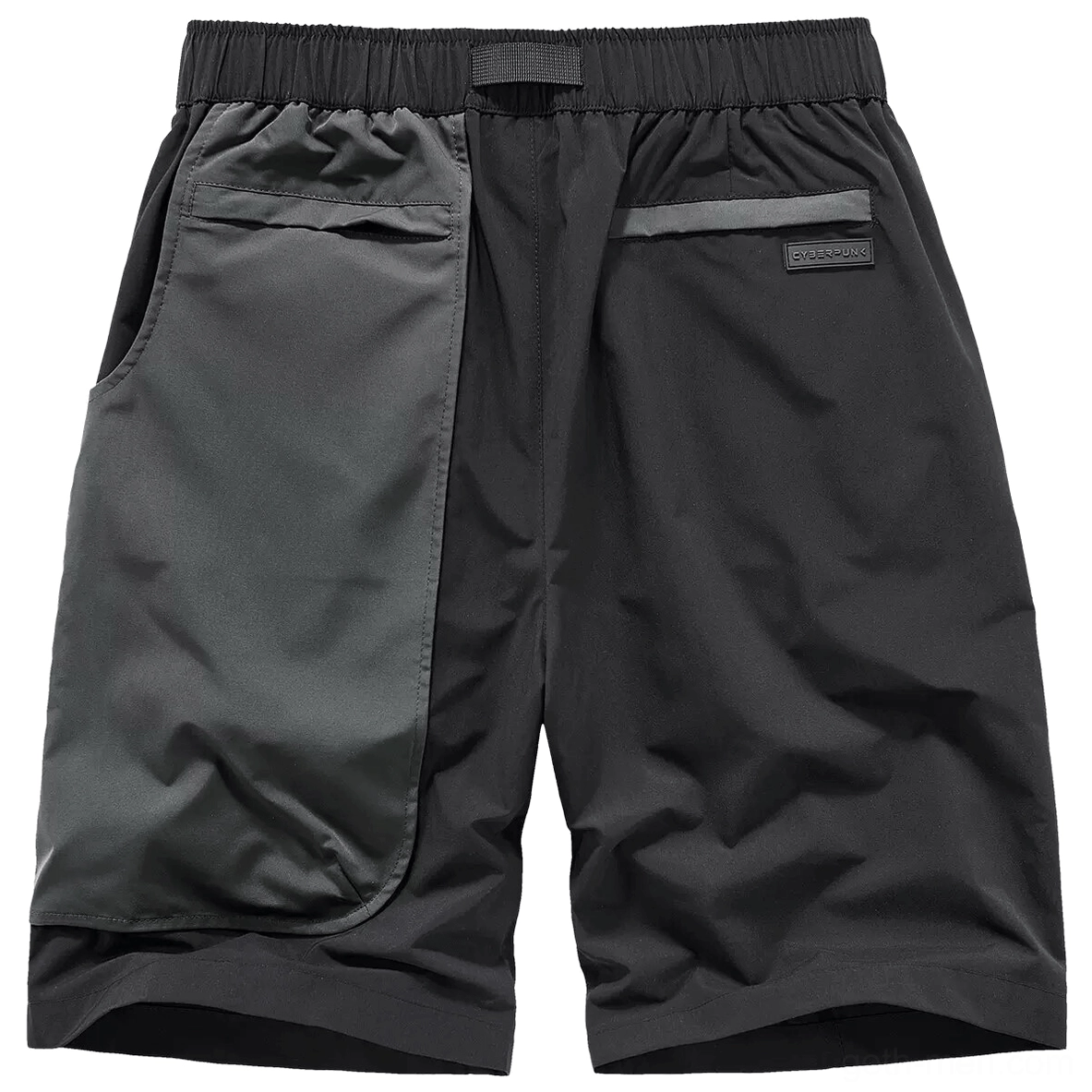 Black cyberpunk cargo shorts rear view displaying elastic waistband and back pocket construction