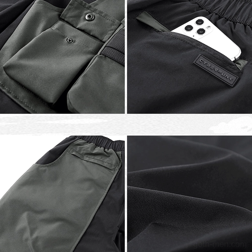 Gothic cargo shorts colorblock patchwork construction and pocket placement design
