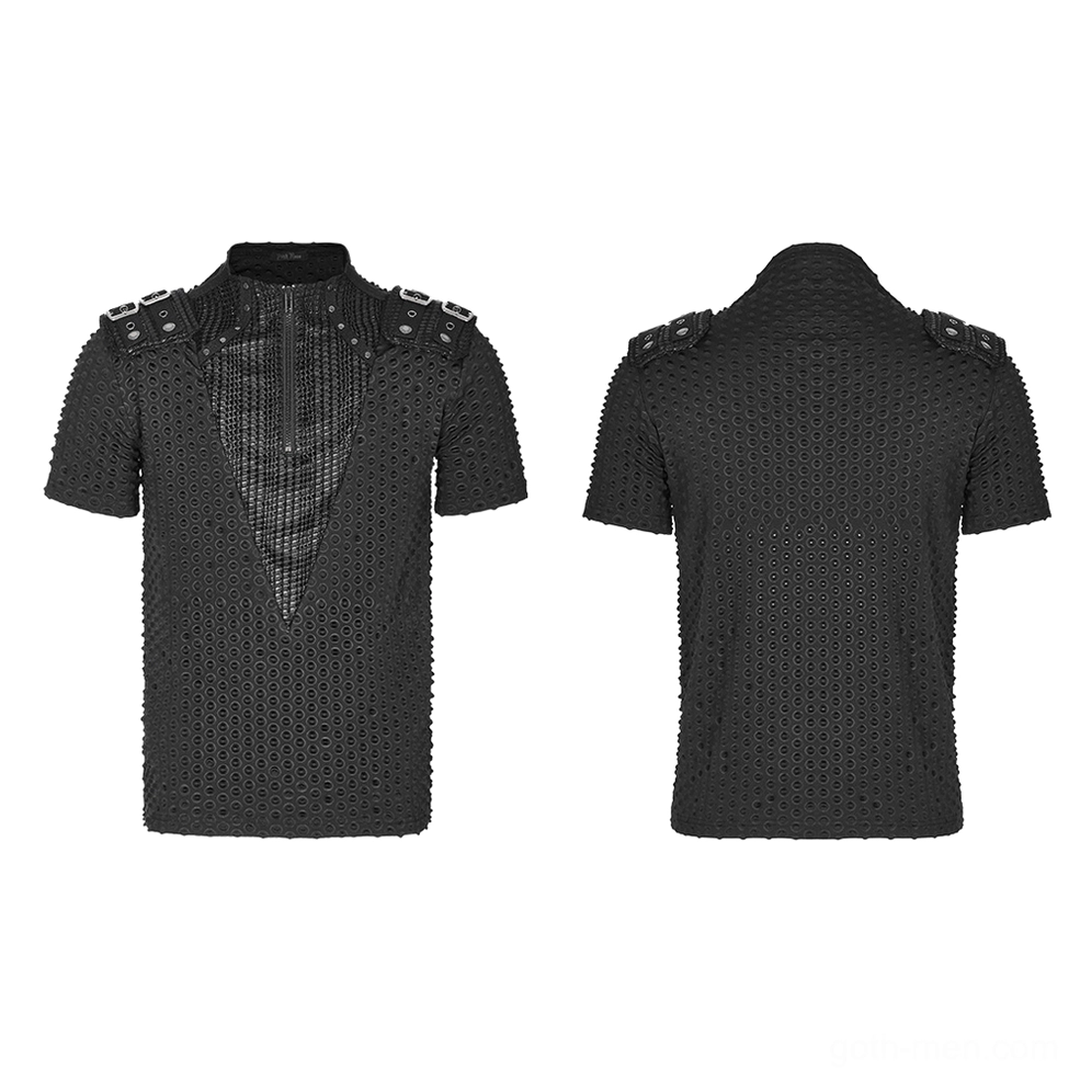 Gothic mesh tactical tee flat lay dual view front and back, perforated fabric and metal shoulder strap buckles