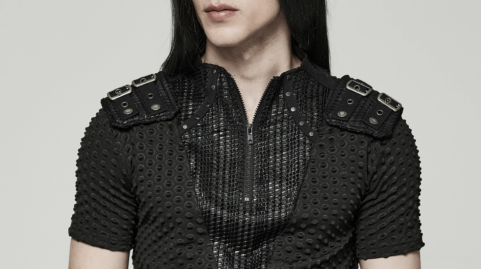 Gothic tactical tee industrial aesthetic, black perforated mesh and metal hardware architectural design details