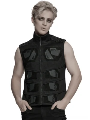 Black tactical mesh and leather gothic vest with 3D rubber armor detailing, front studio view worn by male model, industrial cyberpunk sleeveless design