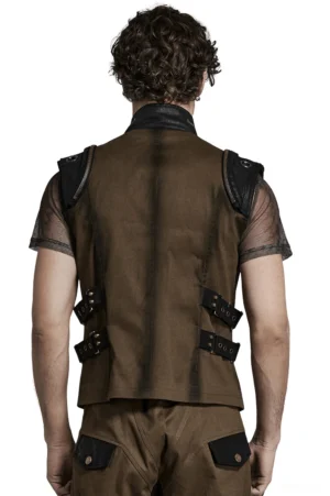 Gothic brown tactical vest back view showing contrast faux leather shoulder panel and vintage hardware details on male model