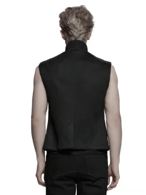Rear view of gothic tactical mesh vest, black sleeveless design, smooth back panel, structured shoulder details, studio photography