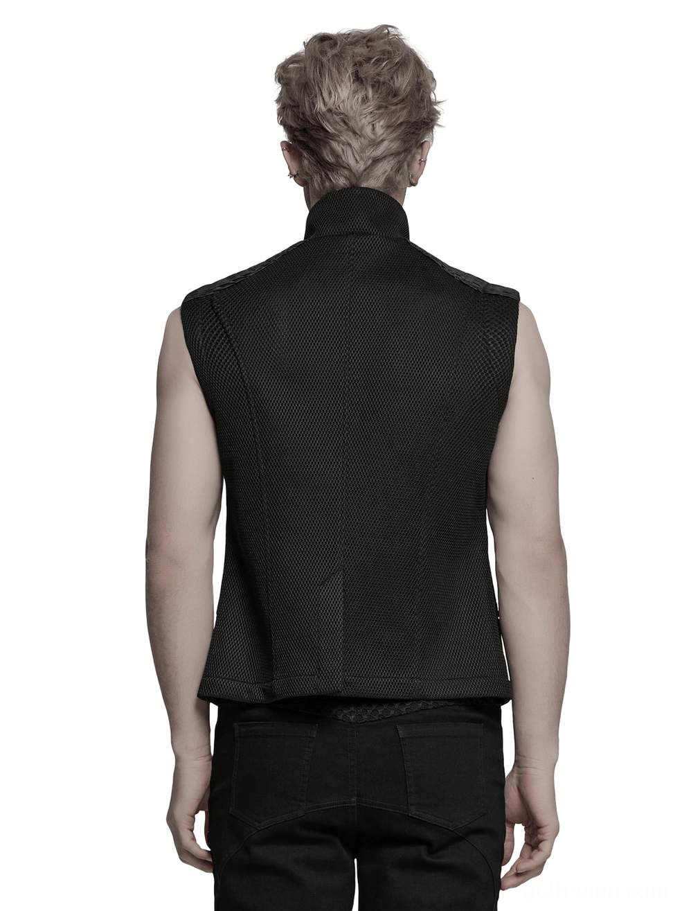 Rear view of gothic tactical mesh vest, black sleeveless design, smooth back panel, structured shoulder details, studio photography