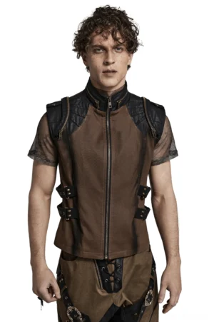 Brown gothic stand collar tactical vest with antique brass front zipper, black shoulder studs, and metal buckle straps - front view worn by male model