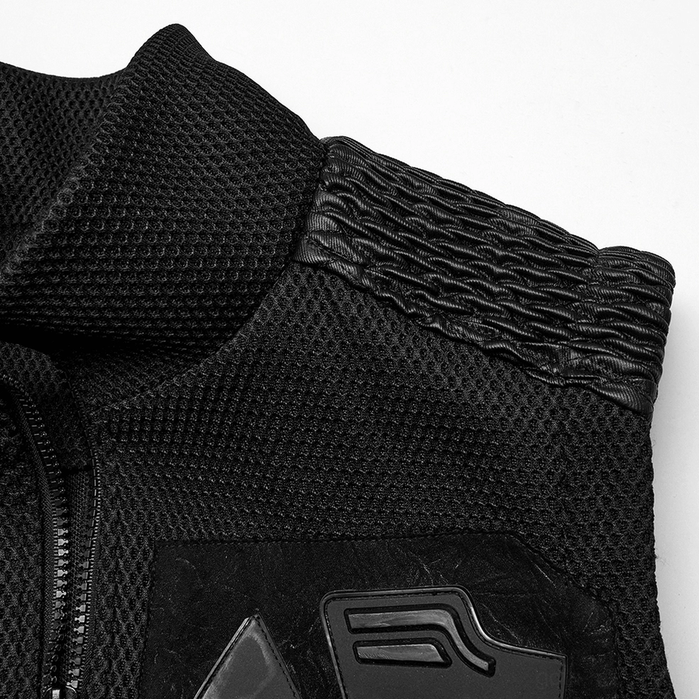 Close-up of gothic tactical vest collar and shoulder detail, ribbed synthetic leather trim, stand zip-up collar, 3D rubber brand patches, mesh base