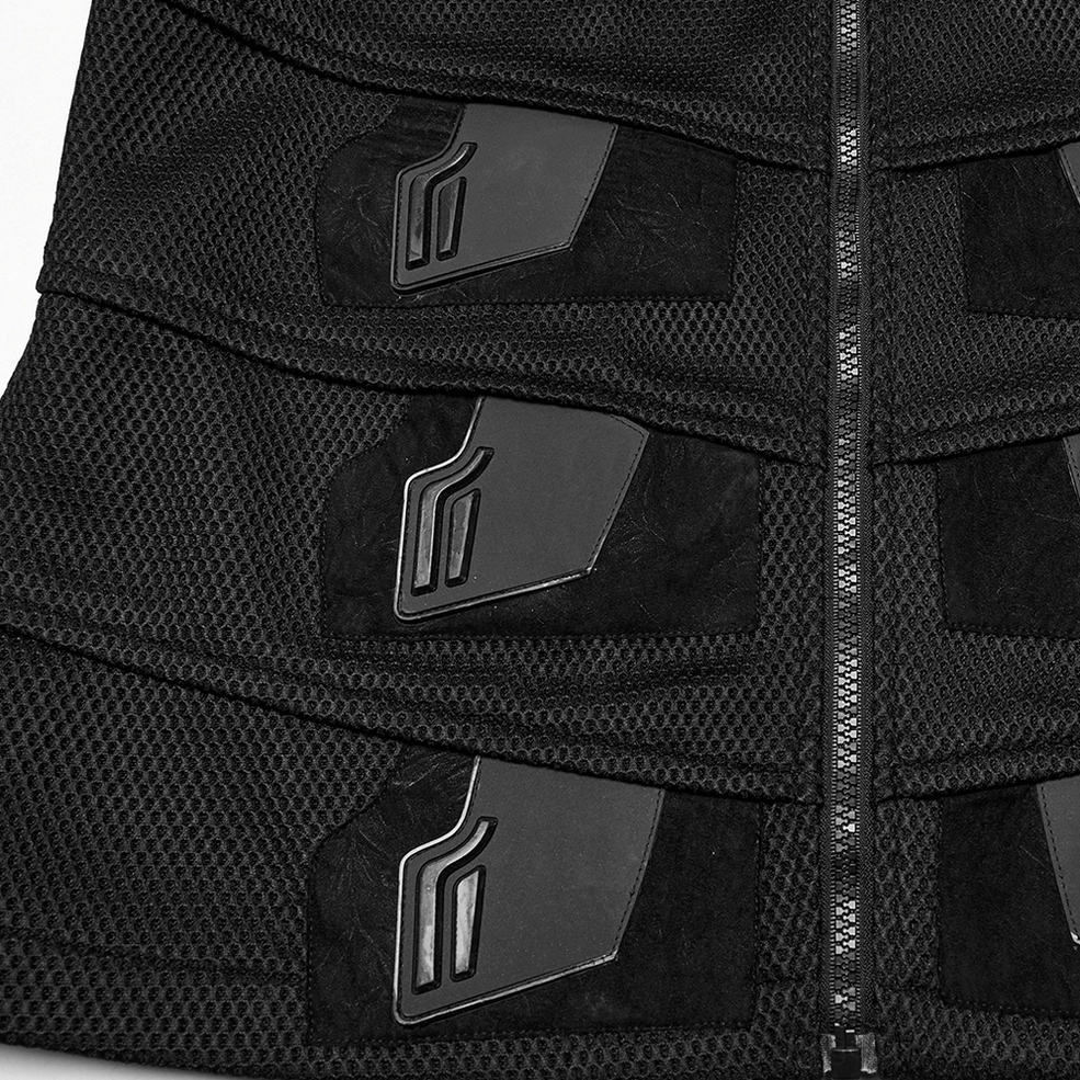 Alternative angle of black tactical mesh and leather gothic vest, fitted silhouette, industrial cyberpunk aesthetic, 3D armor detailing showcase