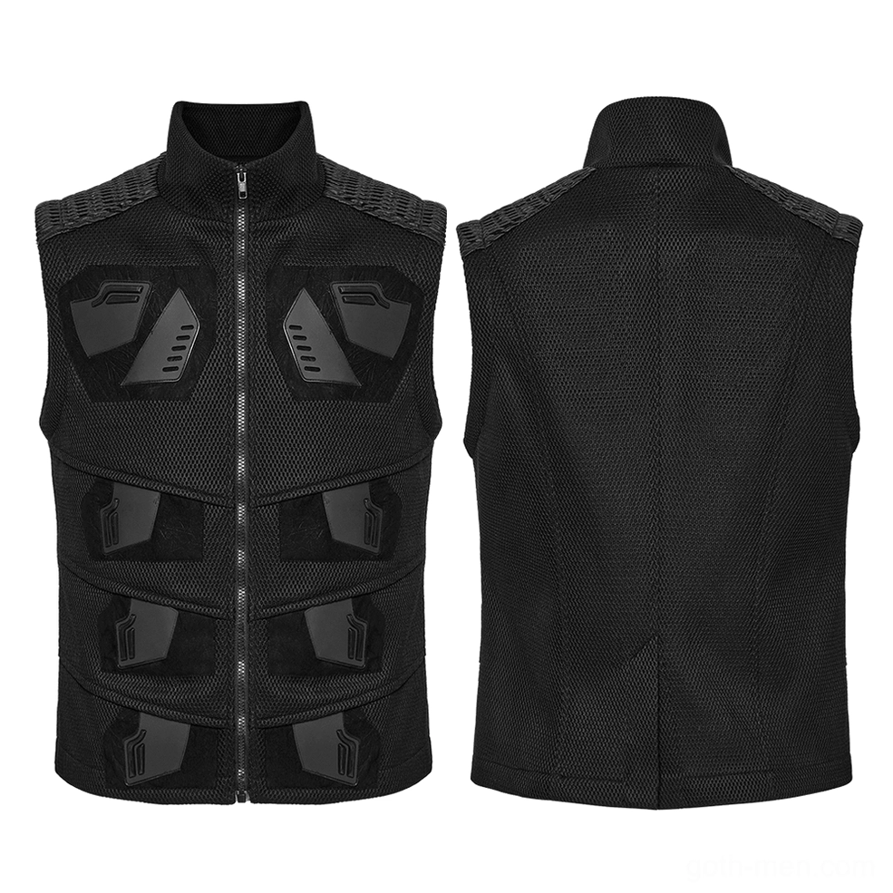 Flat lay front and rear display of black mesh and leather gothic vest, 3D rubber decorative appliqués, stand zip-up collar, tactical armor aesthetic