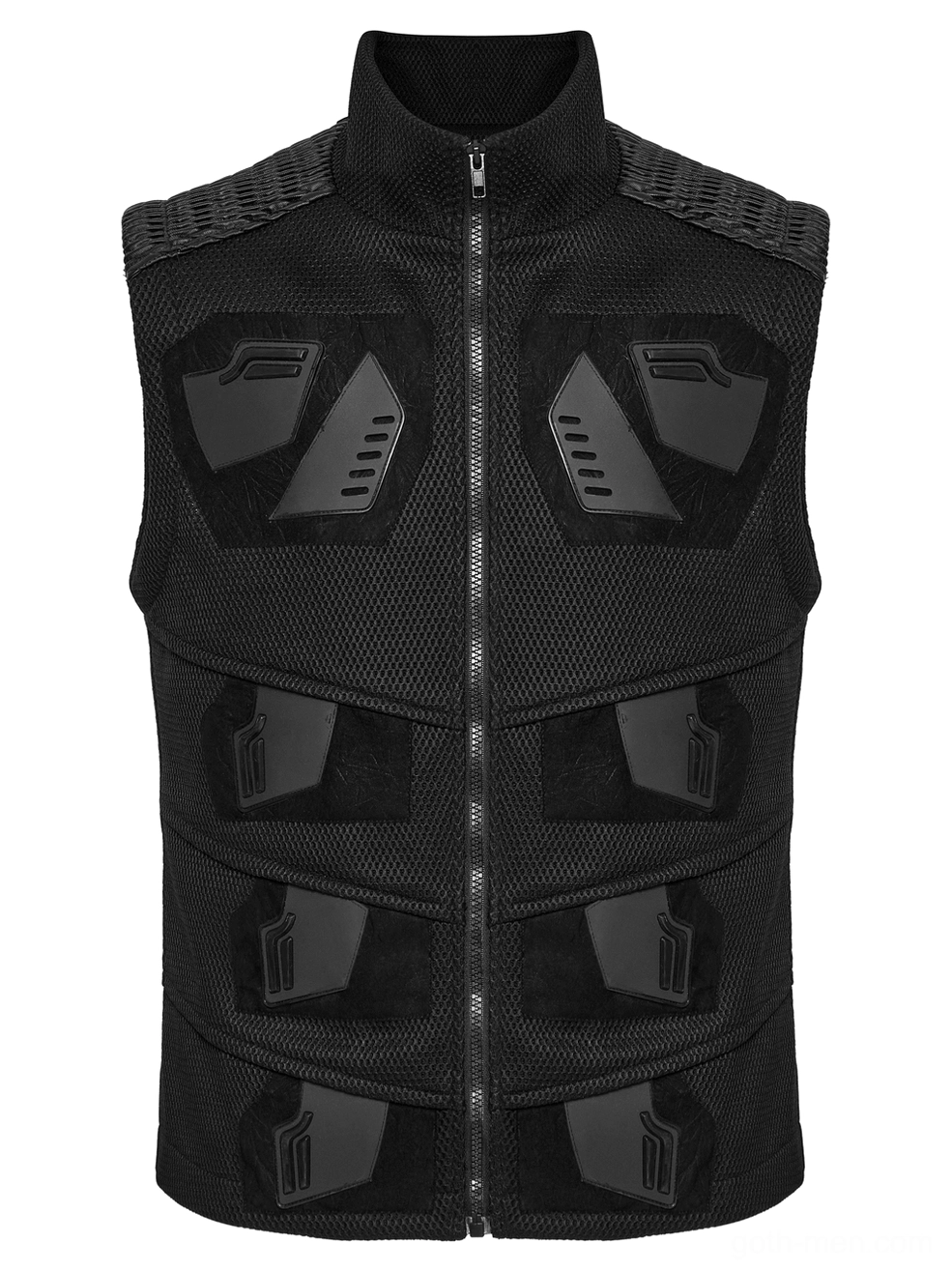 Front flat lay close-up of gothic tactical vest, black stand zip-up collar, 3D futuristic rubber patches, woven mesh fabric construction