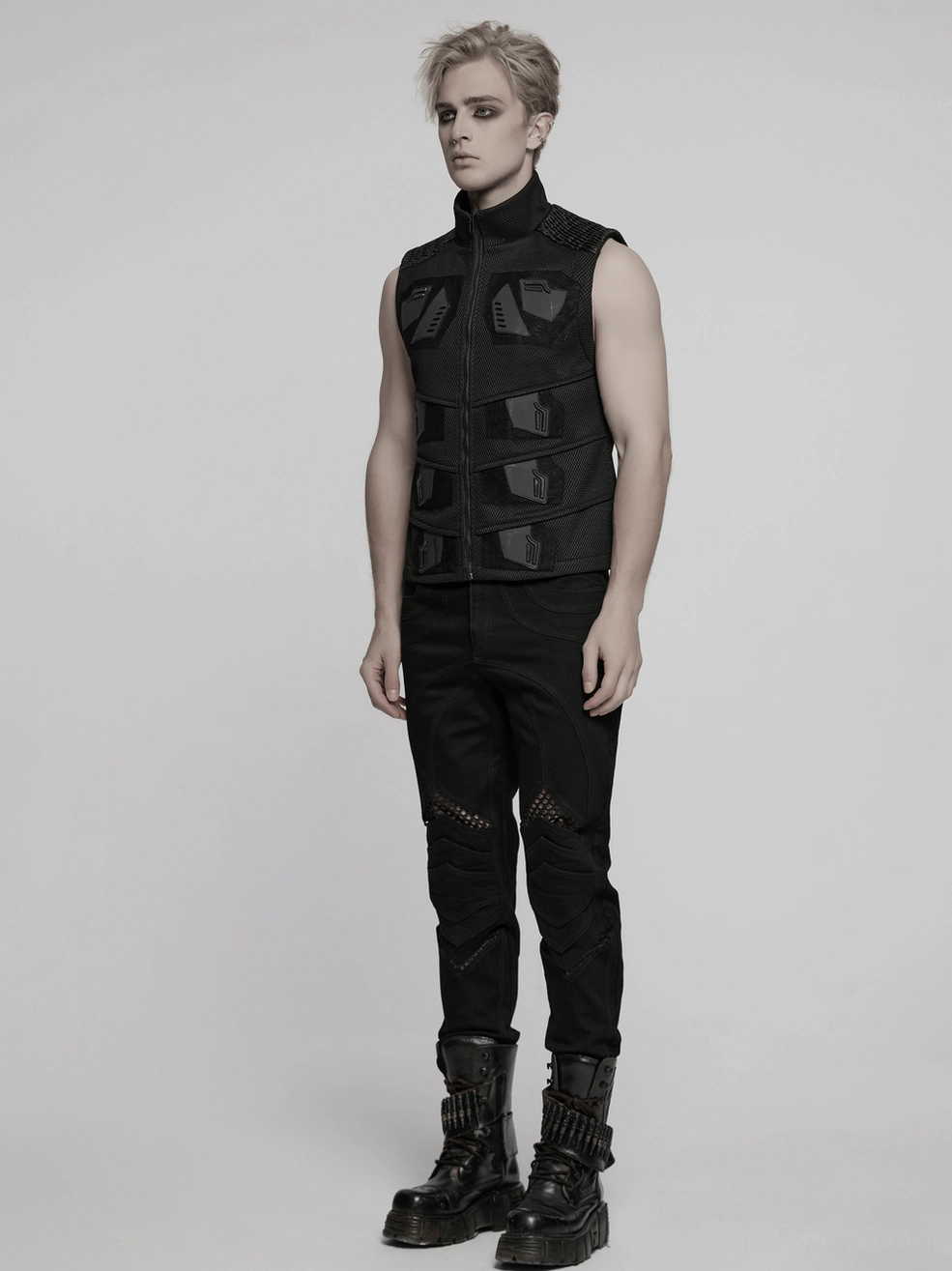 Product photography of black mesh and leather tactical vest, gothic fashion menswear, stand collar design, fitted cut, full length view