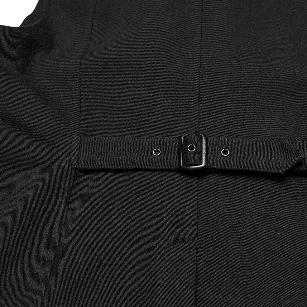 Close-up of rear waist adjustment belt on black tactical armor vest